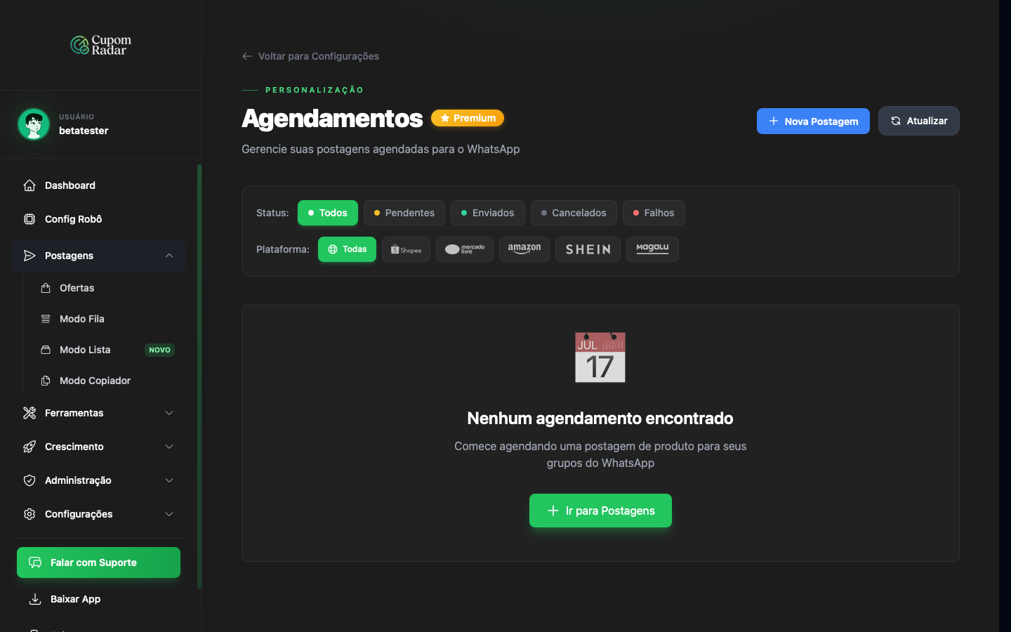Filtros de status e plataforma e calendário do mês