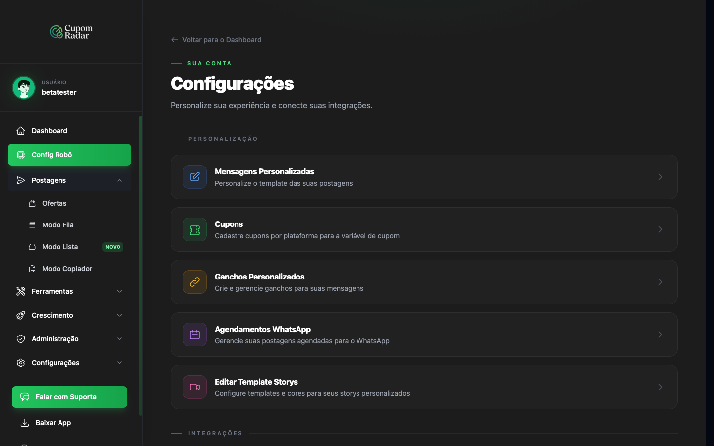 Tela Configurações com os cards de Personalização e Integrações