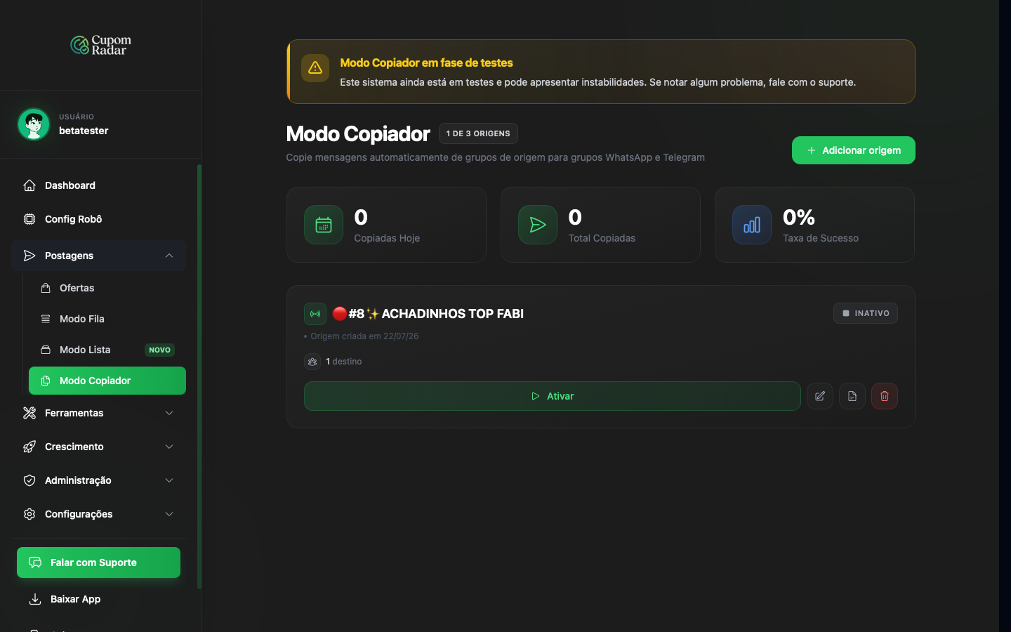 Aviso de fase de testes, contador de origens e Adicionar origem