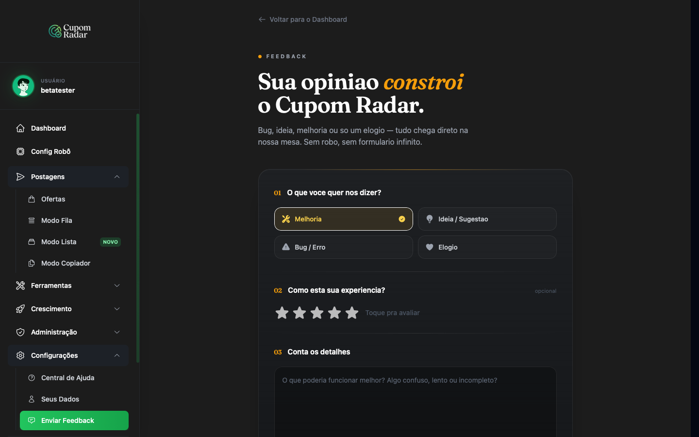 Formulário com as quatro categorias e as estrelas