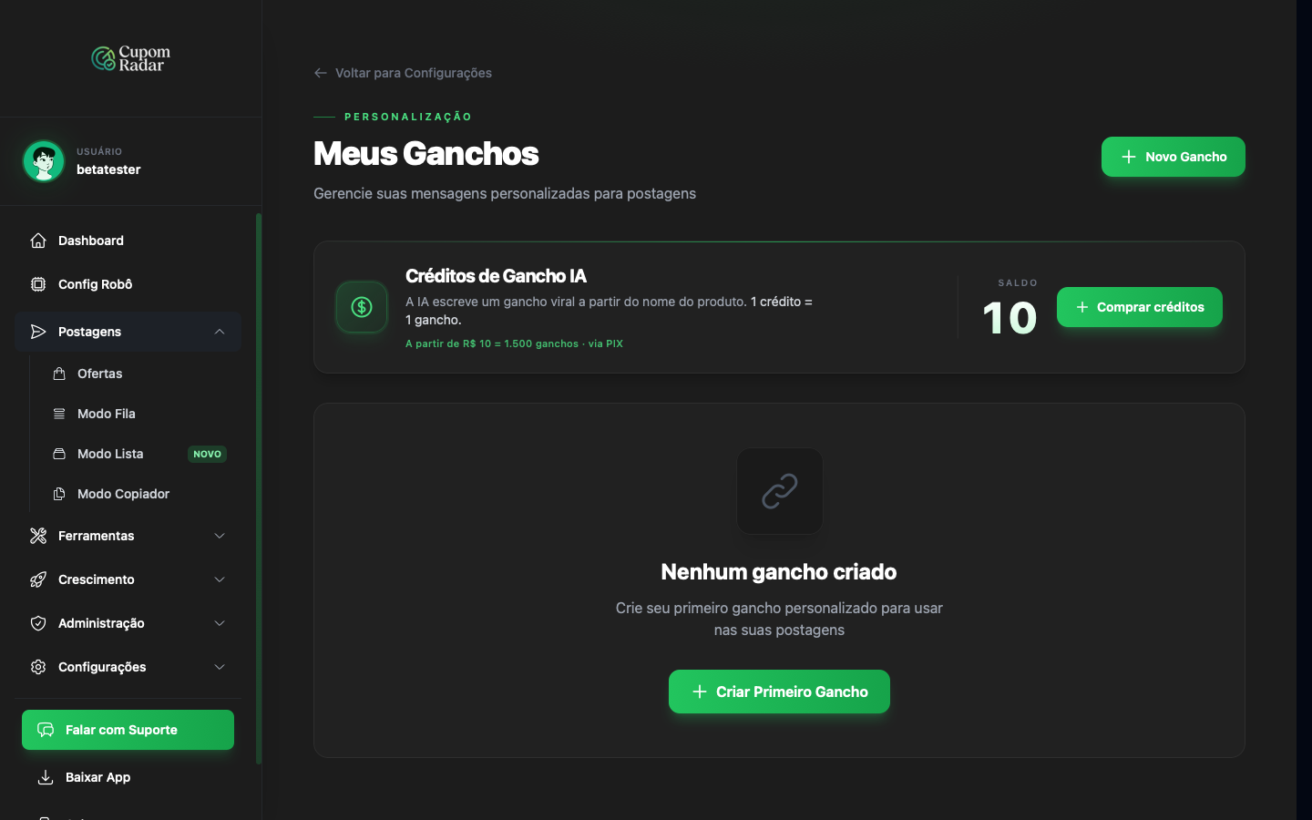 Lista de ganchos com botão Novo Gancho