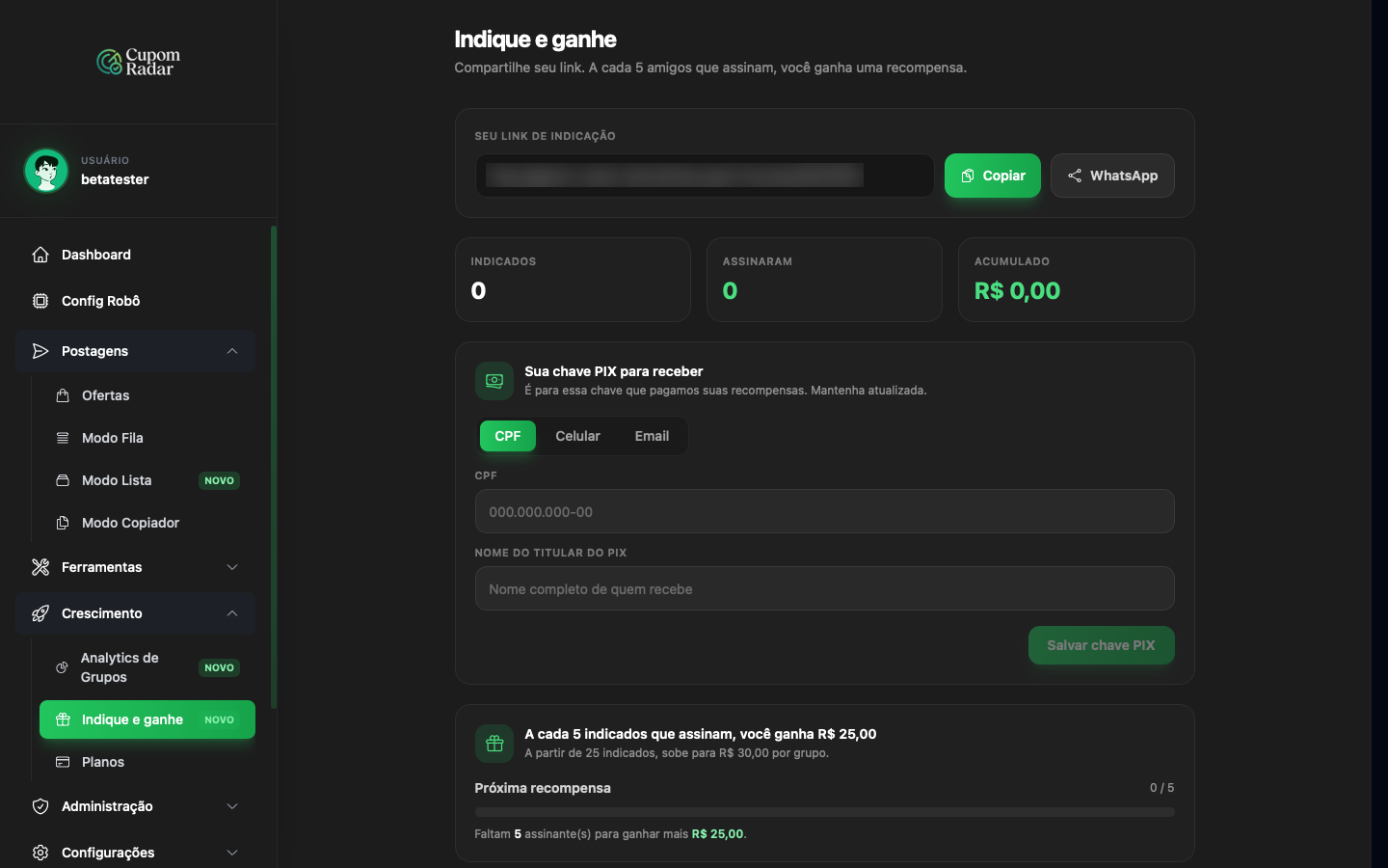 Card Seu link de indicação com Copiar e WhatsApp