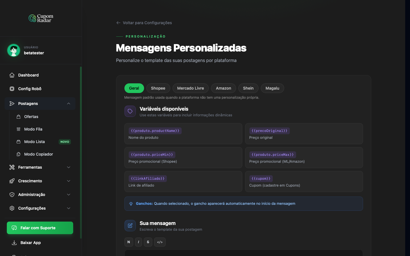 Abas de loja, Sua mensagem e Preview