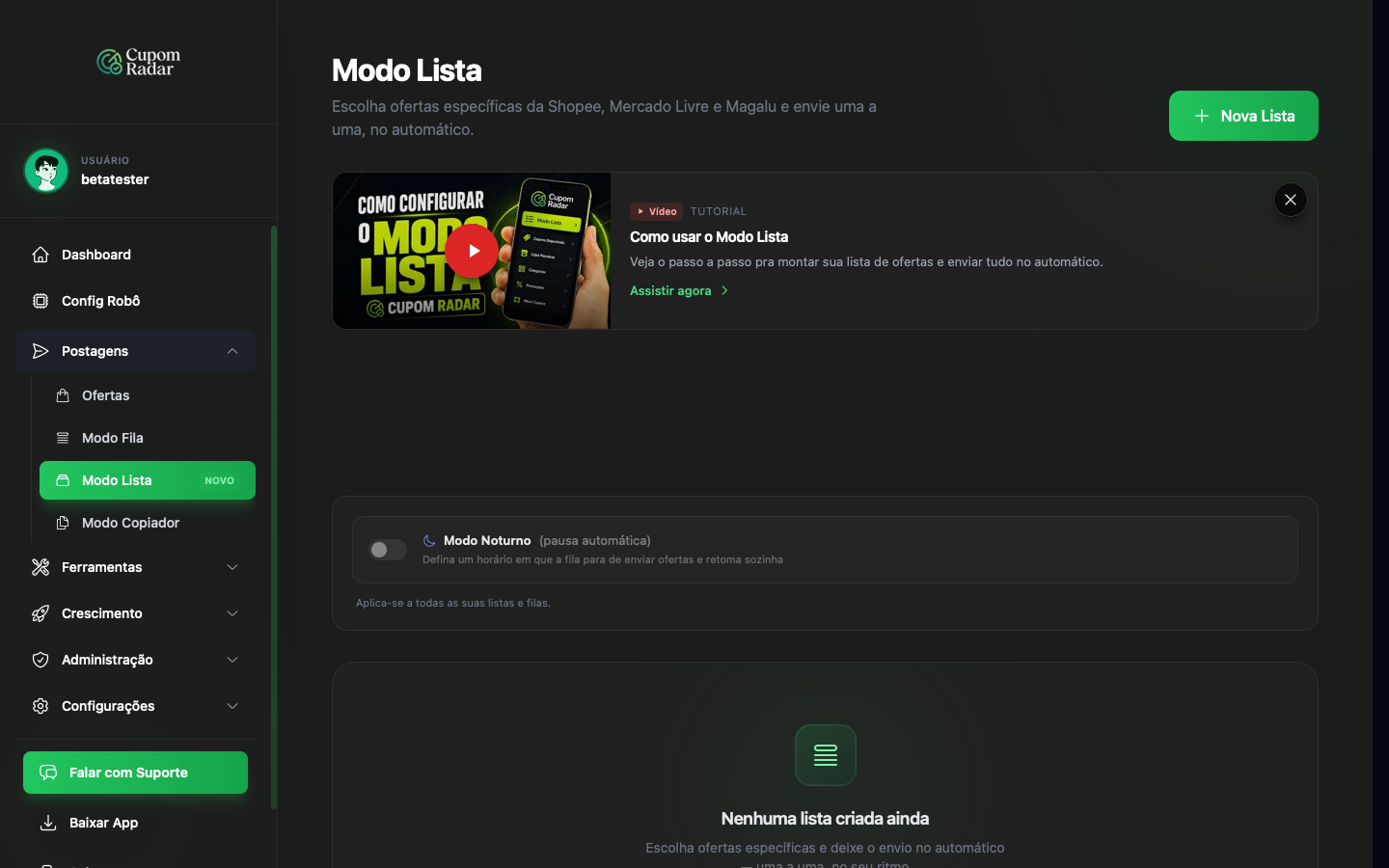 Título, botão Nova Lista e cards de estatística