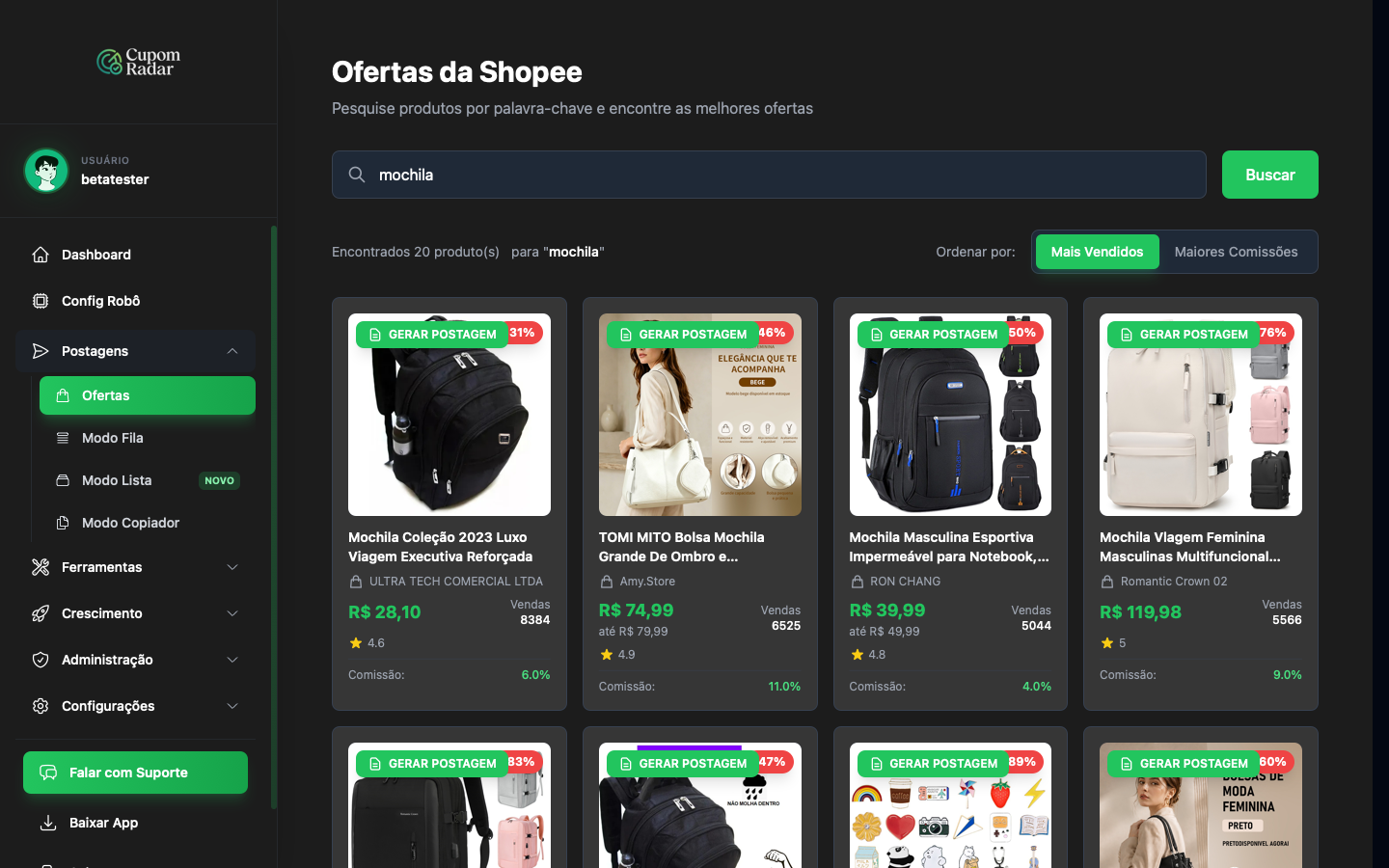 Campo de busca, Ordenar por e grade de cards com GERAR POSTAGEM