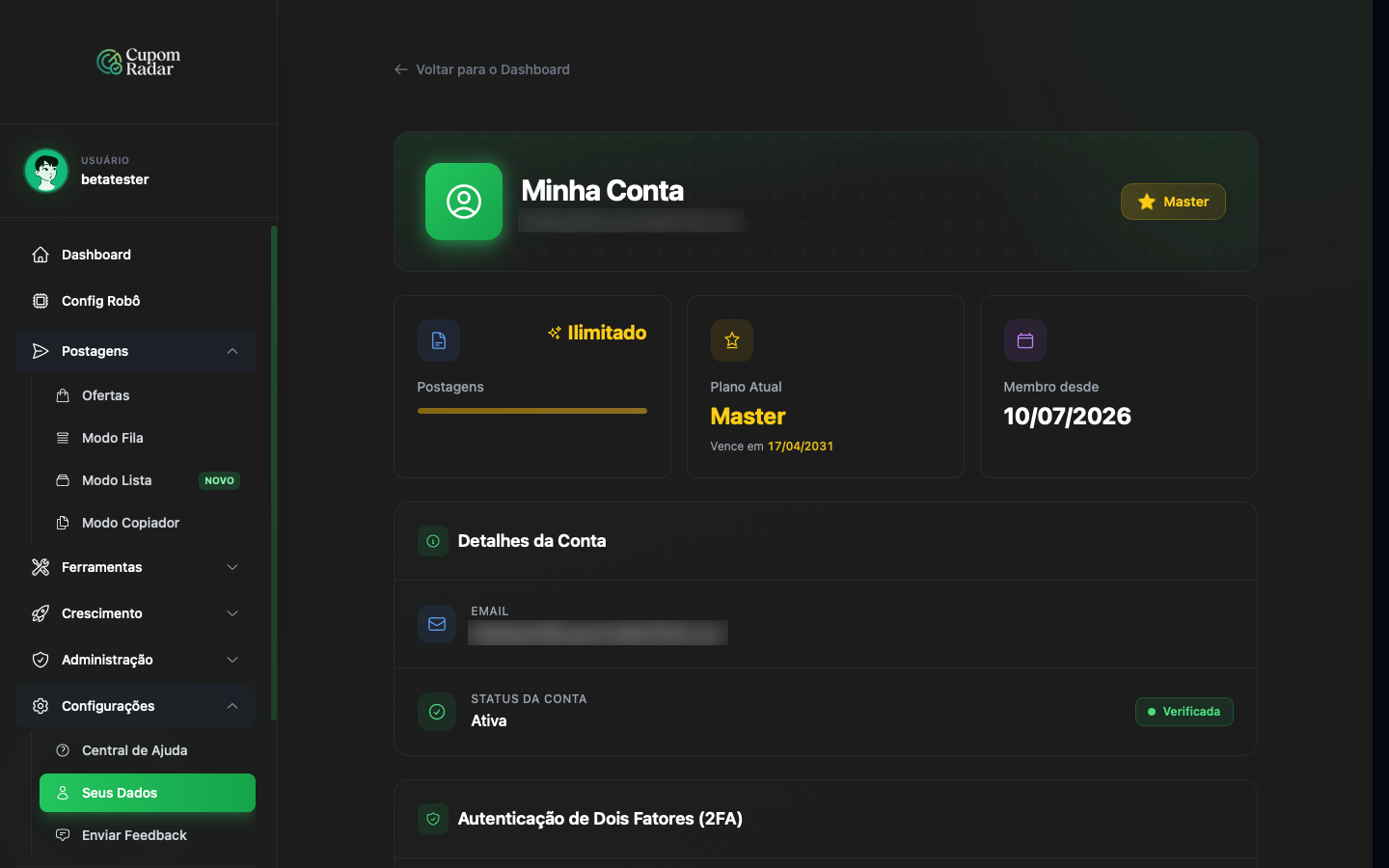 Header Minha Conta, três cards e Alterar Senha